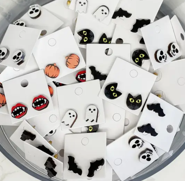 Halloween Earrings Stud Wood Wooden Printed - Black Cat, Bat, Fangs Mouth Lips Vampire Teeth, Ghosts, Skulls, Pumpkins - POW