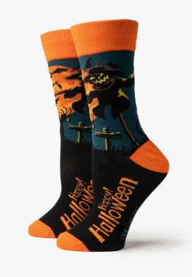 Happy Halloween Socks Two Left Feet Scarecrow Orange Moon Black Bats Hay There Small Feet - DMM
