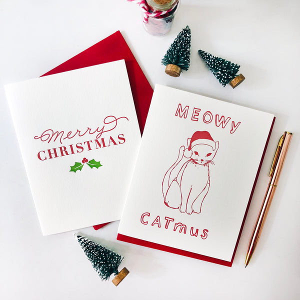 Merry Christmas Holly Card - Letterpress Holiday Christmas Card