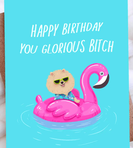 Happy Birthday You Glorious Bitch Dog Flamingo Pool Card